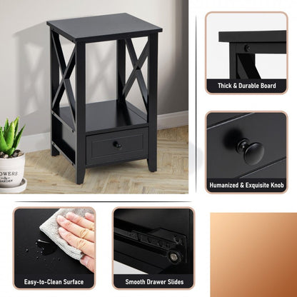 Multifunctional 2-Tier Nightstand with Storage Drawer and Open Shelf – Black, 16 x 14 Inch