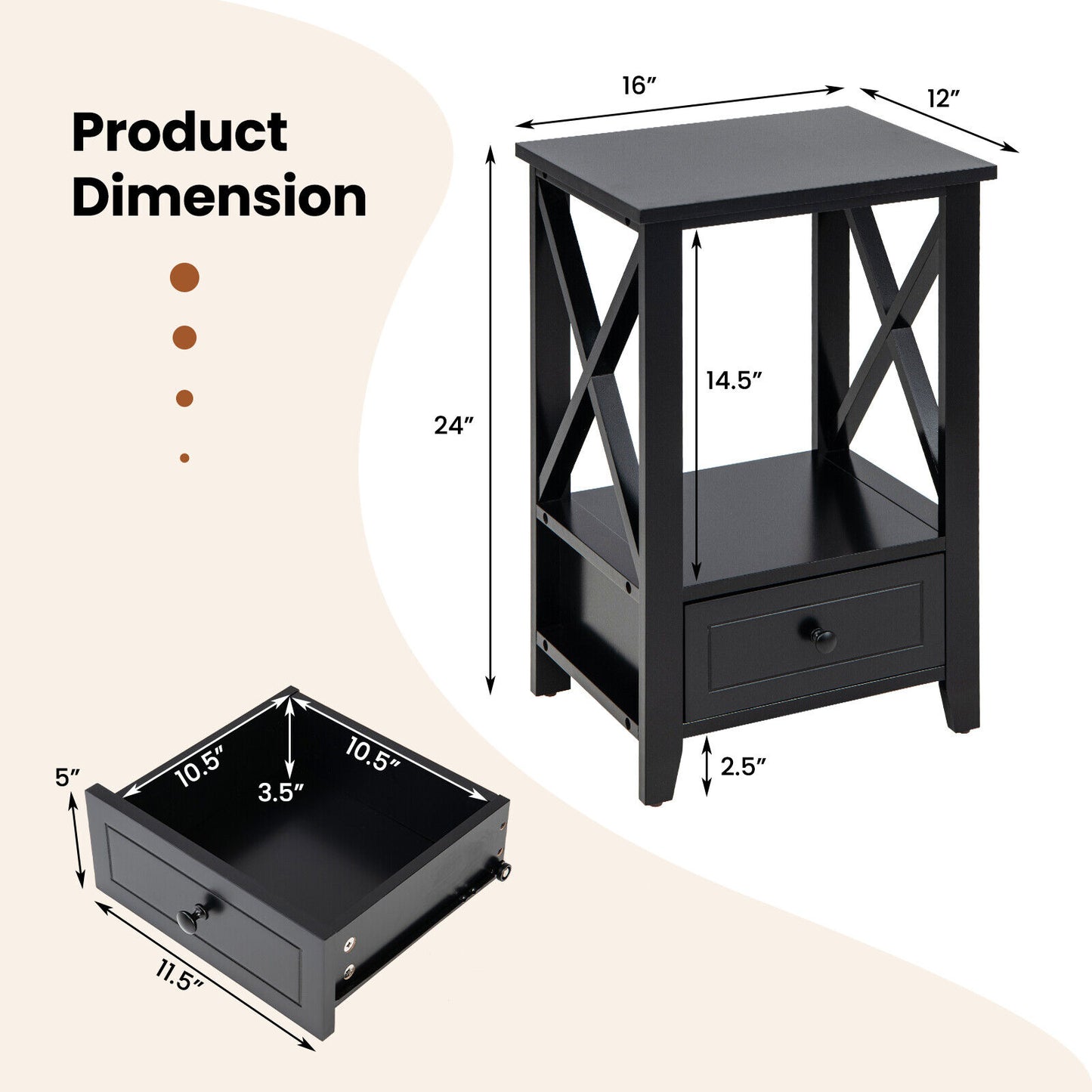 Multifunctional 2-Tier Nightstand with Storage Drawer and Open Shelf – Black, 16 x 14 Inch