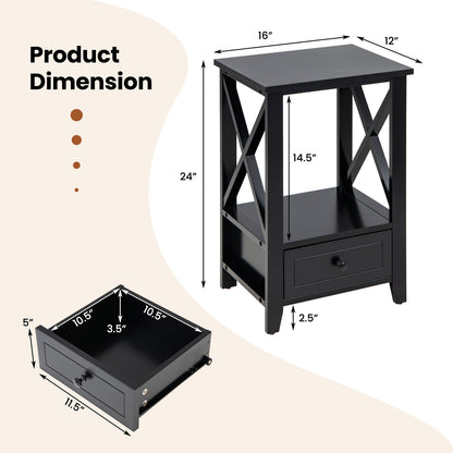 Multifunctional 2-Tier Nightstand with Storage Drawer and Open Shelf – Black, 16 x 14 Inch