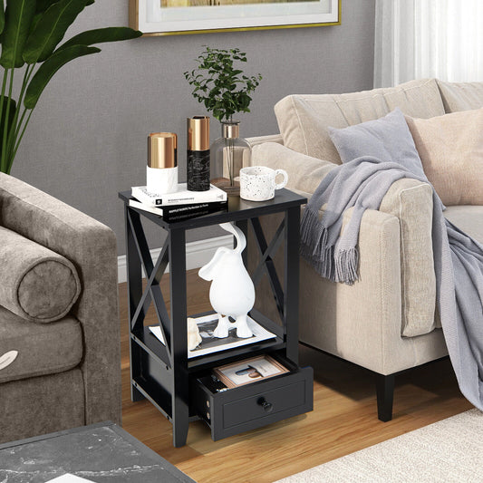 Multifunctional 2-Tier Nightstand with Storage Drawer and Open Shelf – Black, 16 x 14 Inch