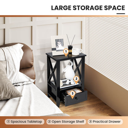 Multifunctional 2-Tier Nightstand with Storage Drawer and Open Shelf – Black, 16 x 14 Inch