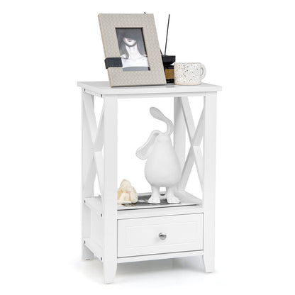 Multifunctional 2-Tier Nightstand with Storage Drawer and Open Shelf – White, 16 x 14 Inch