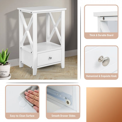 Multifunctional 2-Tier Nightstand with Storage Drawer and Open Shelf – White, 16 x 14 Inch