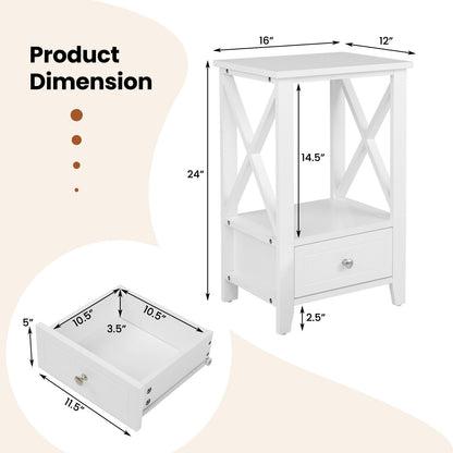 Multifunctional 2-Tier Nightstand with Storage Drawer and Open Shelf – White, 16 x 14 Inch