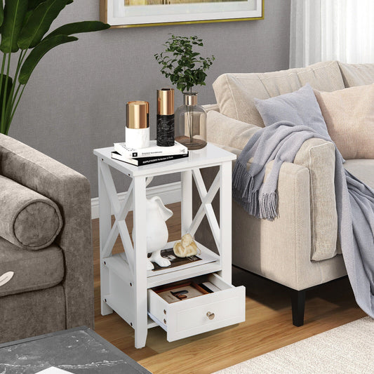 Multifunctional 2-Tier Nightstand with Storage Drawer and Open Shelf – White, 16 x 14 Inch