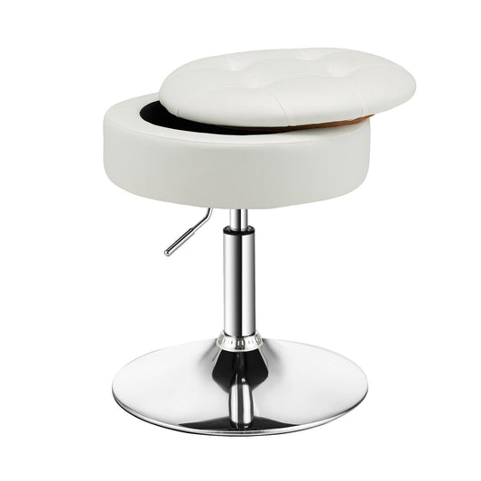 Stool with Hidden Storage, Adjustable Height, 360° Swivel Seat, Removable Tray Top - White