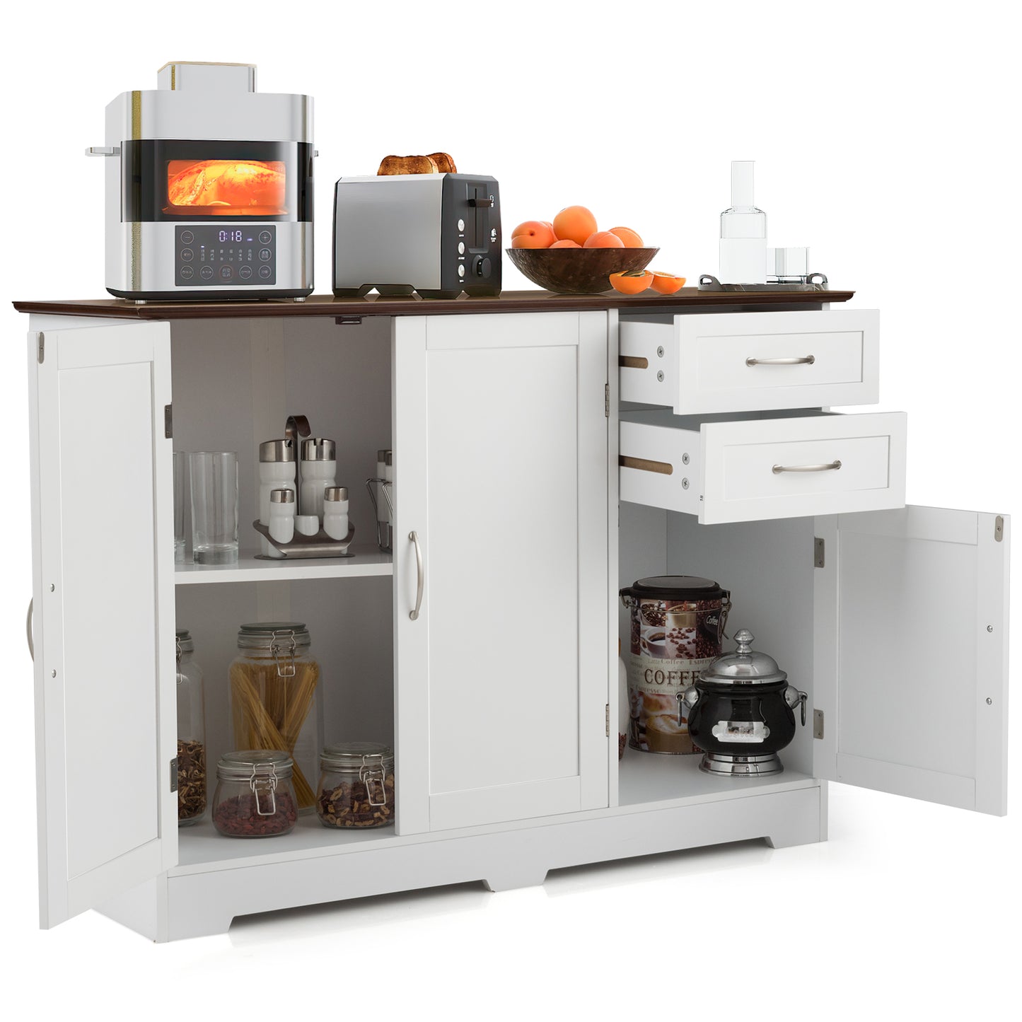 Modern Buffet Sideboard Cabinet with 2 Drawers and Adjustable Storage for Kitchen or Dining Room - White