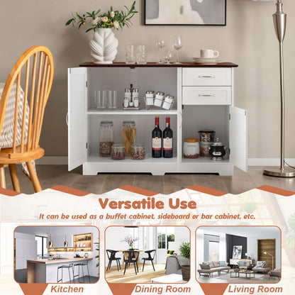 Modern Buffet Sideboard Cabinet with 2 Drawers and Adjustable Storage for Kitchen or Dining Room - White