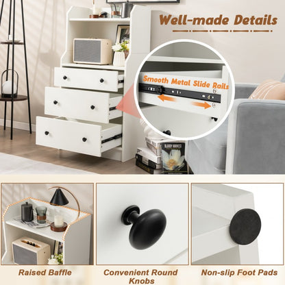 Tall 3 Drawer Storage Cabinet with Open Shelves and Anti-Tip Safety in White