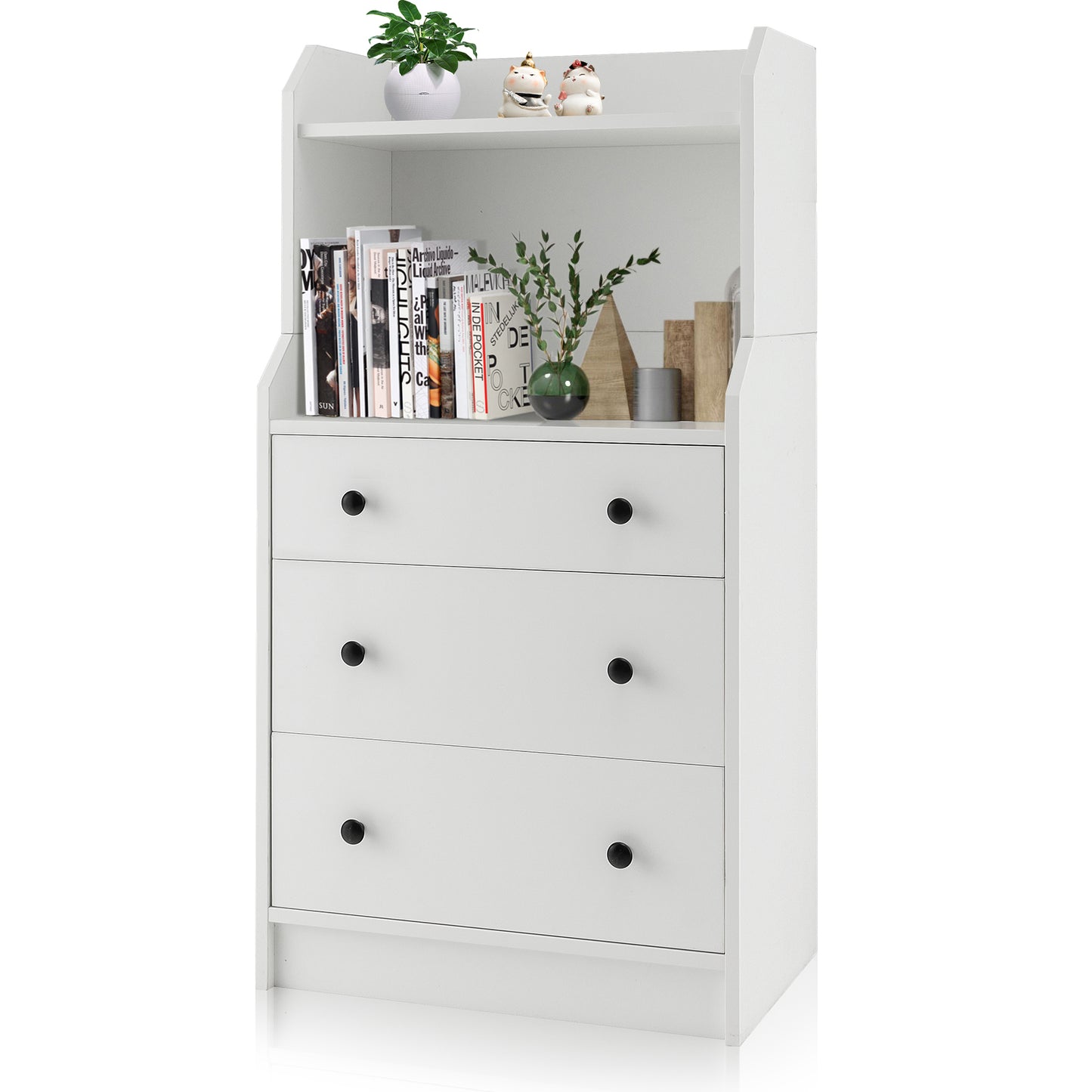Tall 3 Drawer Storage Cabinet with Open Shelves and Anti-Tip Safety in White