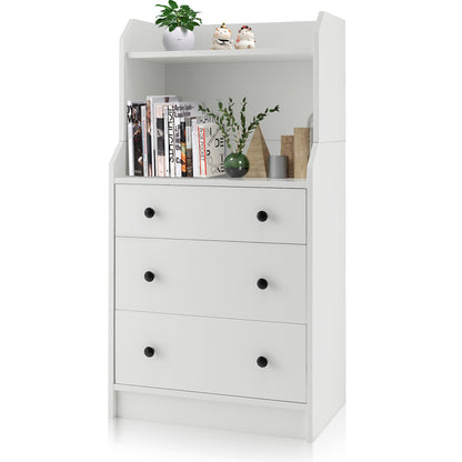 Tall 3 Drawer Storage Cabinet with Open Shelves and Anti-Tip Safety in White