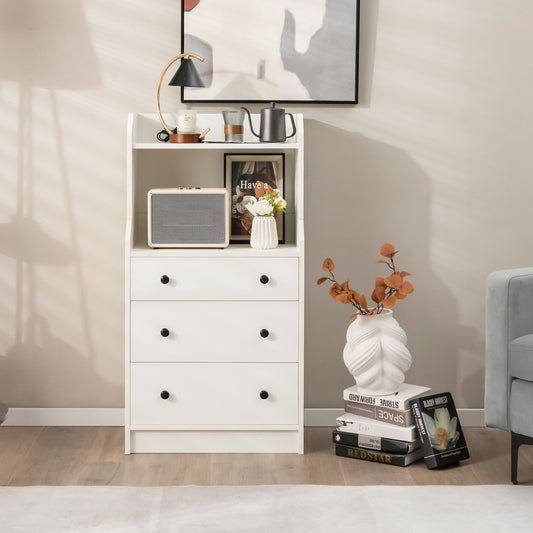 Tall 3 Drawer Storage Cabinet with Open Shelves and Anti-Tip Safety in White