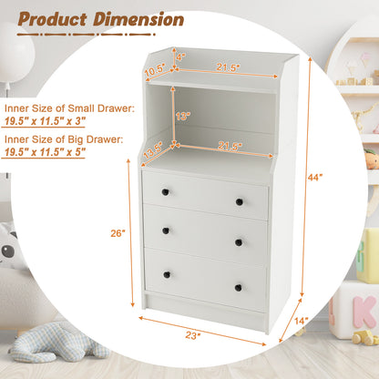 Tall 3 Drawer Storage Cabinet with Open Shelves and Anti-Tip Safety in White