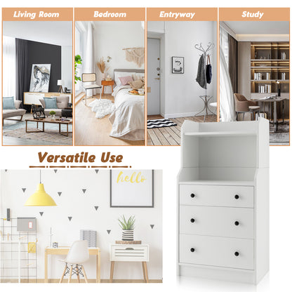 Tall 3 Drawer Storage Cabinet with Open Shelves and Anti-Tip Safety in White