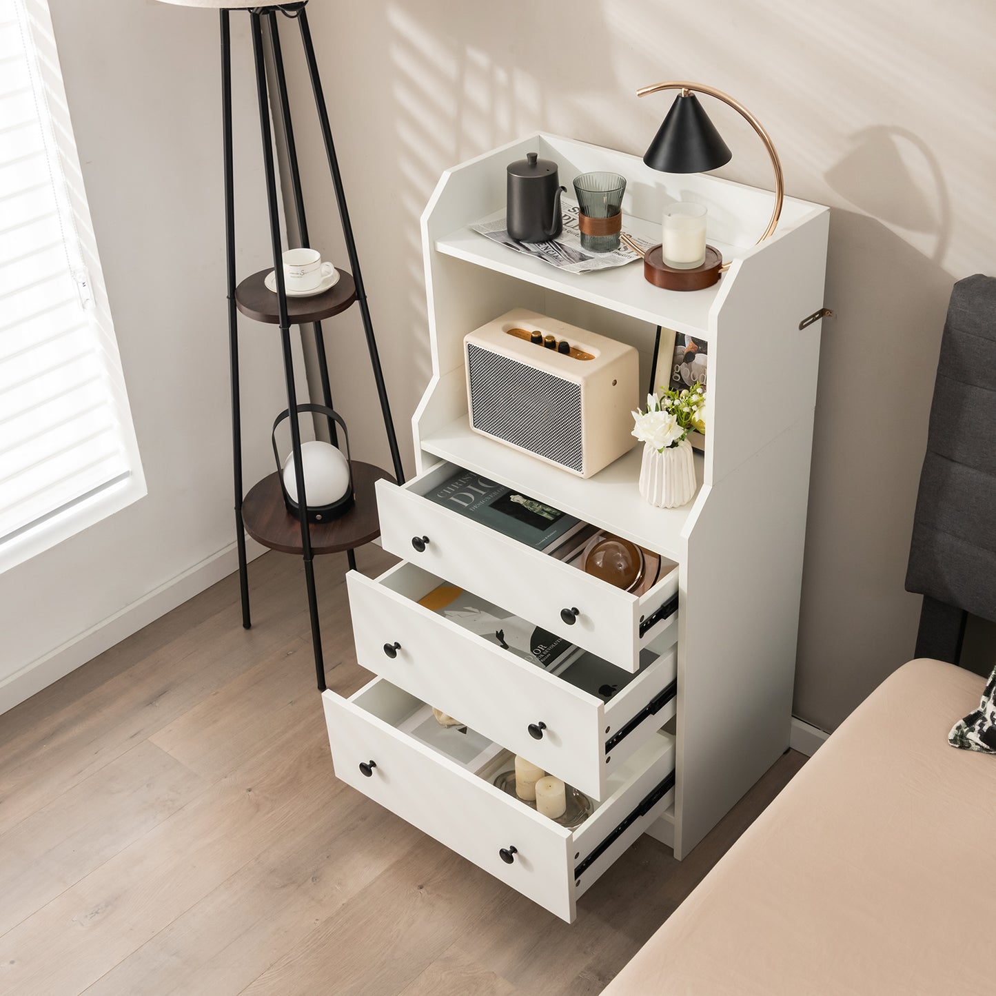 Tall 3 Drawer Storage Cabinet with Open Shelves and Anti-Tip Safety in White