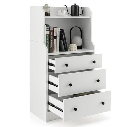 Tall 3 Drawer Storage Cabinet with Open Shelves and Anti-Tip Safety in White