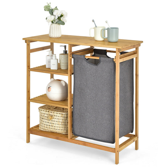 Natural Bamboo Laundry Hamper Stand with Removable Bag & 3 Tier Shelves