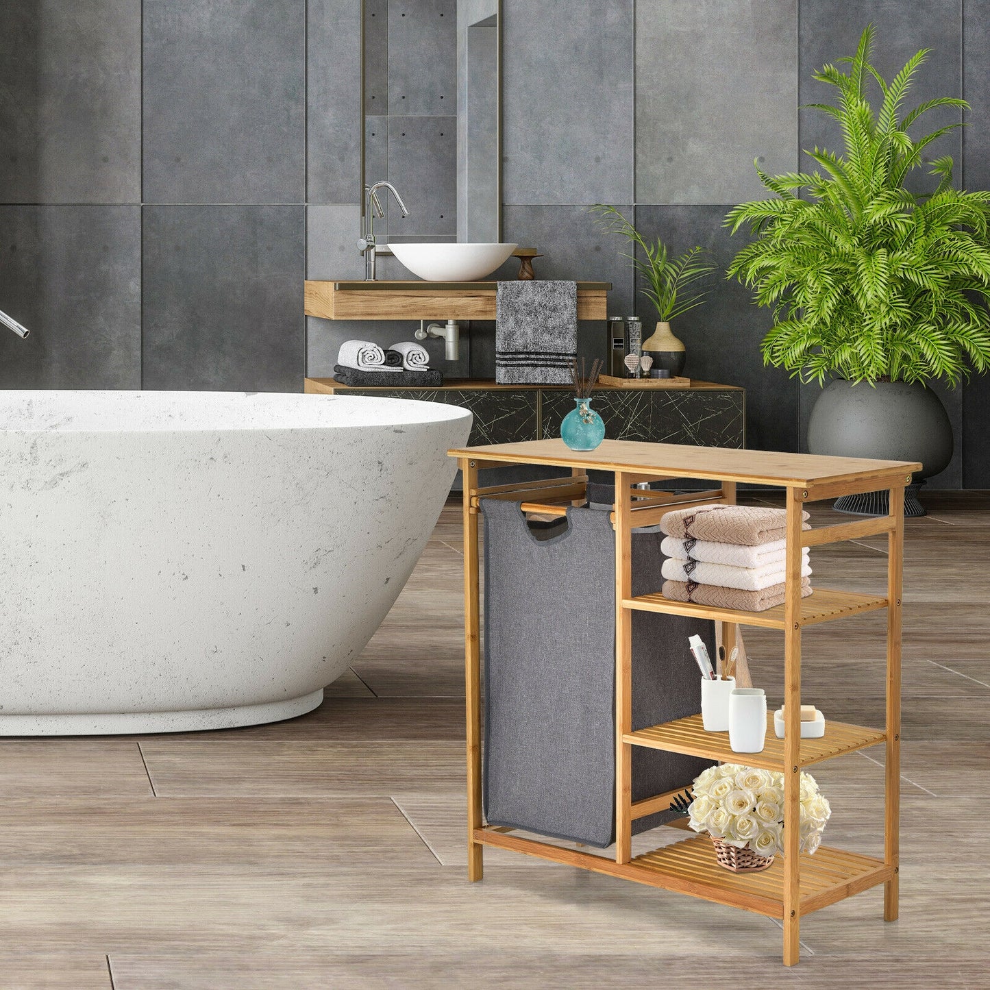 Natural Bamboo Laundry Hamper Stand with Removable Bag & 3 Tier Shelves