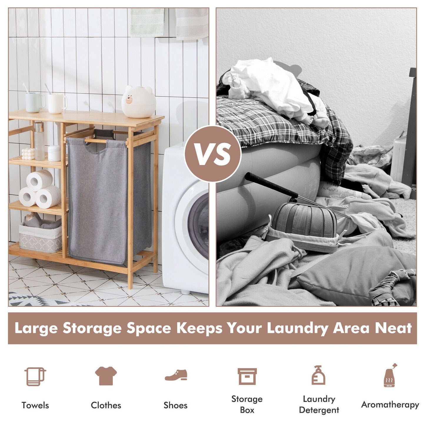 Natural Bamboo Laundry Hamper Stand with Removable Bag & 3 Tier Shelves