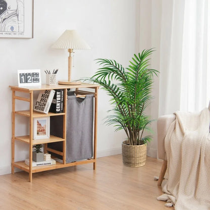 Natural Bamboo Laundry Hamper Stand with Removable Bag & 3 Tier Shelves
