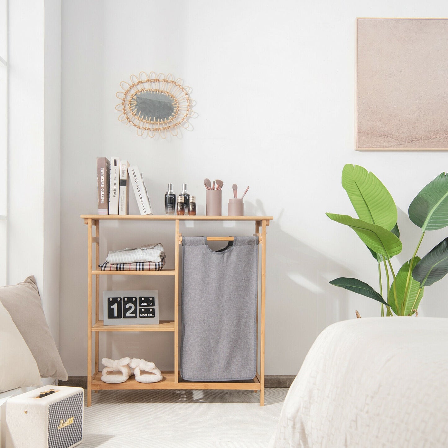 Natural Bamboo Laundry Hamper Stand with Removable Bag & 3 Tier Shelves