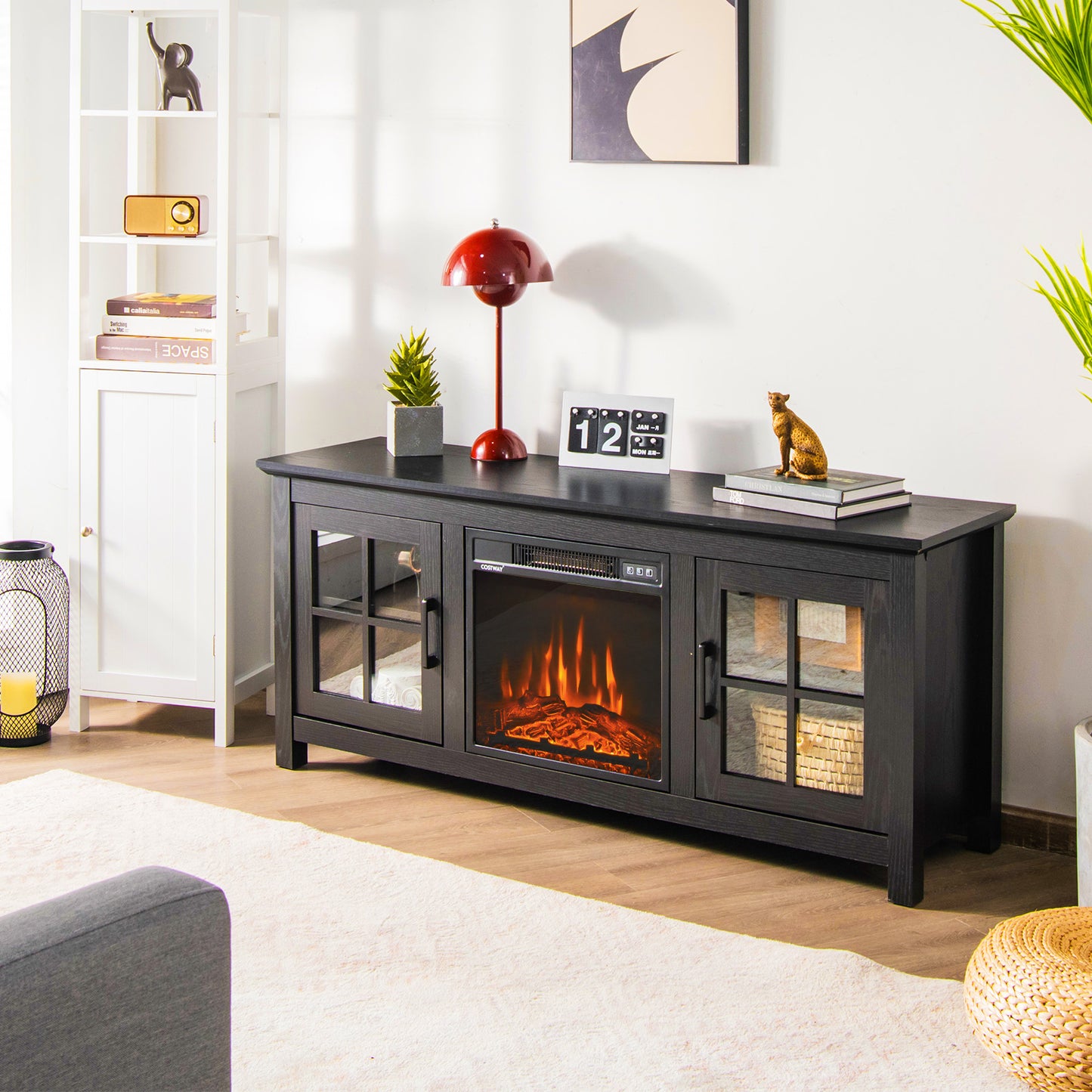 Modern 58 Inch TV Stand with Electric Fireplace and Adjustable Storage for TVs up to 65 Inches - Black