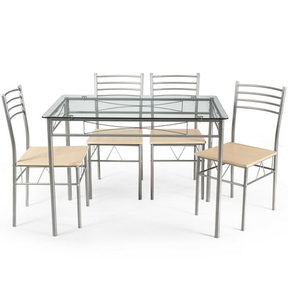Modern 5 Piece Glass Dining Set with Metal Frame and Comfortable High Back Chairs