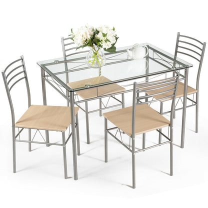 Modern 5 Piece Glass Dining Set with Metal Frame and Comfortable High Back Chairs