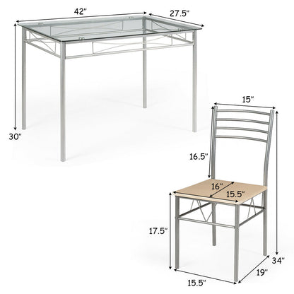 Modern 5 Piece Glass Dining Set with Metal Frame and Comfortable High Back Chairs