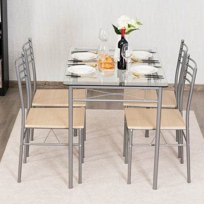 Modern 5 Piece Glass Dining Set with Metal Frame and Comfortable High Back Chairs