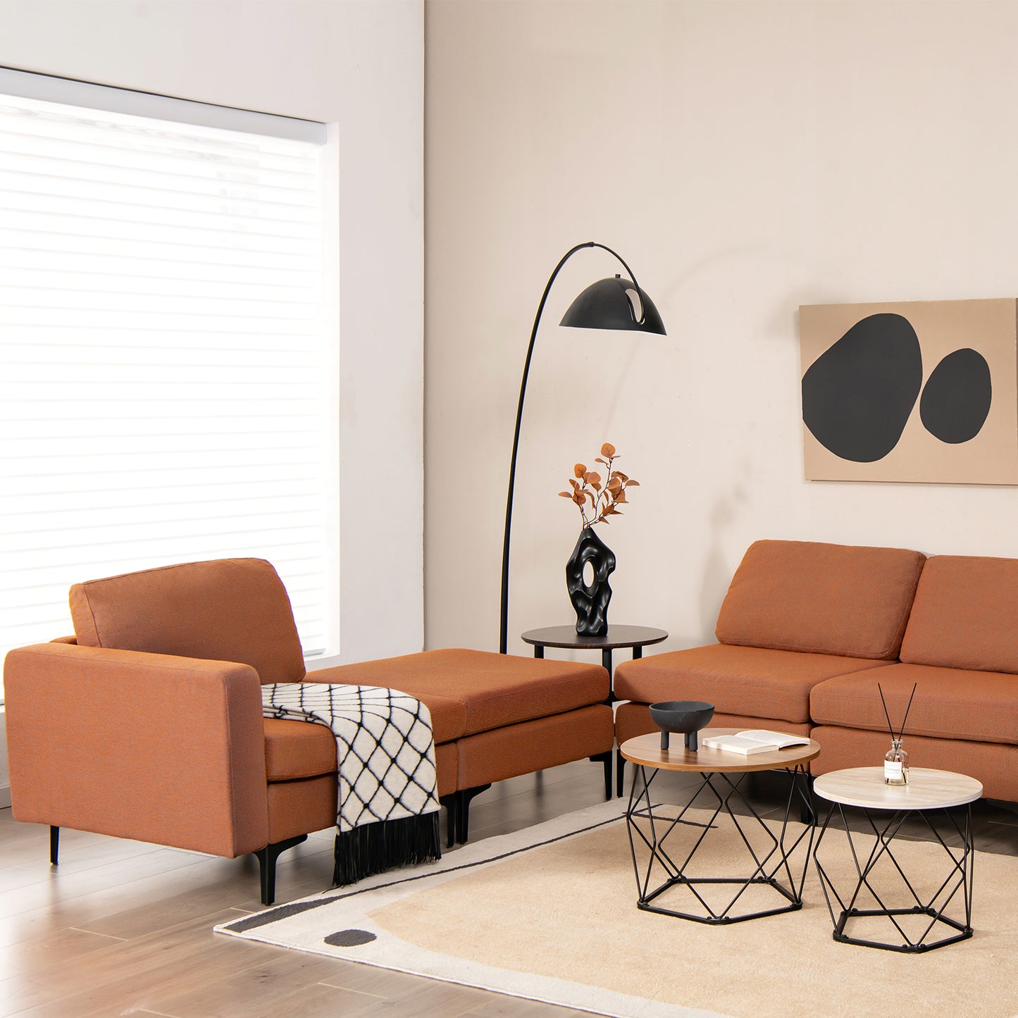 Modular L-Shaped Sectional Sofa with Reversible Chaise, Built-In USB Ports - Orange