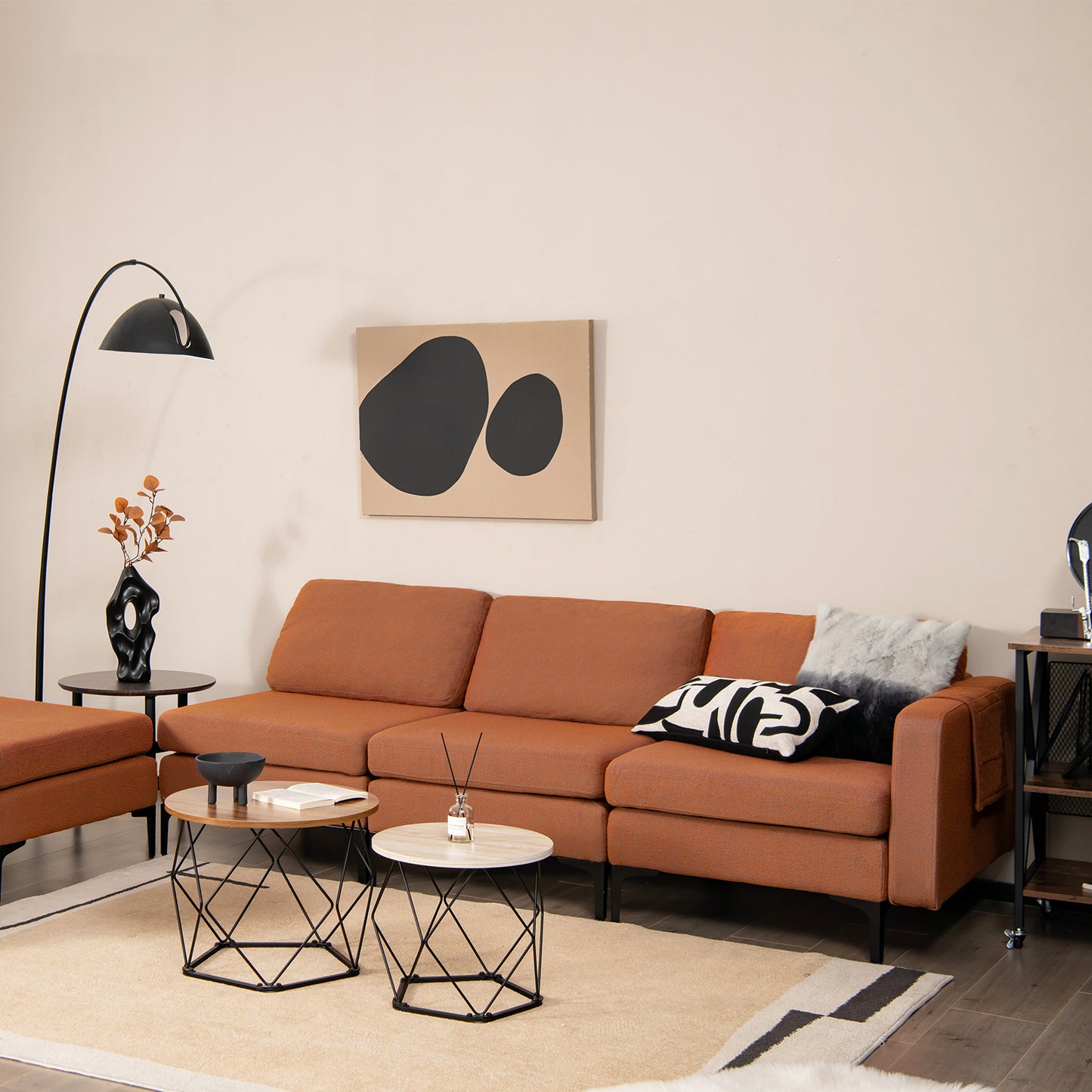 Modular L-Shaped Sectional Sofa with Reversible Chaise, Built-In USB Ports - Orange