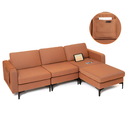Modular L-Shaped Sectional Sofa with Reversible Chaise, Built-In USB Ports - Orange