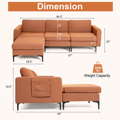 Modular L-Shaped Sectional Sofa with Reversible Chaise, Built-In USB Ports - Orange