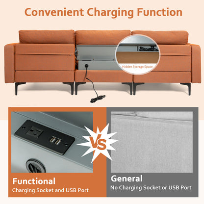 Modular L-Shaped Sectional Sofa with Reversible Chaise, Built-In USB Ports - Orange