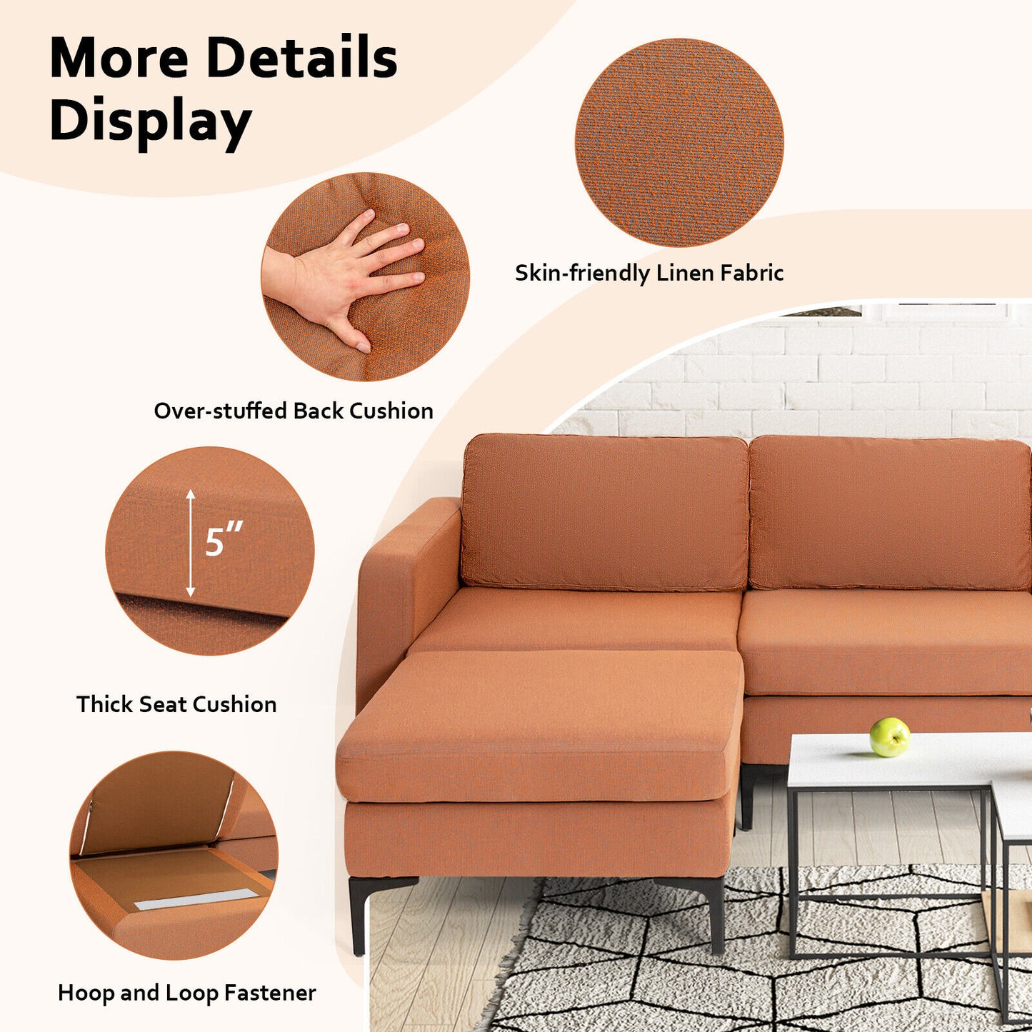 Modular L-Shaped Sectional Sofa with Reversible Chaise, Built-In USB Ports - Orange
