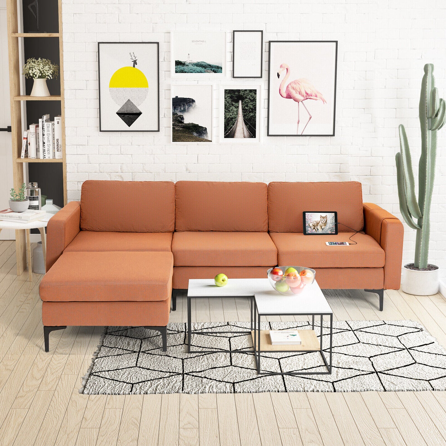 Modular L-Shaped Sectional Sofa with Reversible Chaise, Built-In USB Ports - Orange