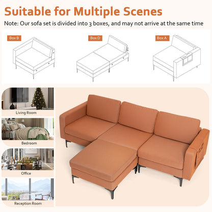 Modular L-Shaped Sectional Sofa with Reversible Chaise, Built-In USB Ports - Orange