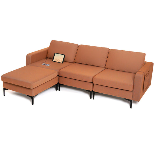 Modular L-Shaped Sectional Sofa with Reversible Chaise, Built-In USB Ports - Orange