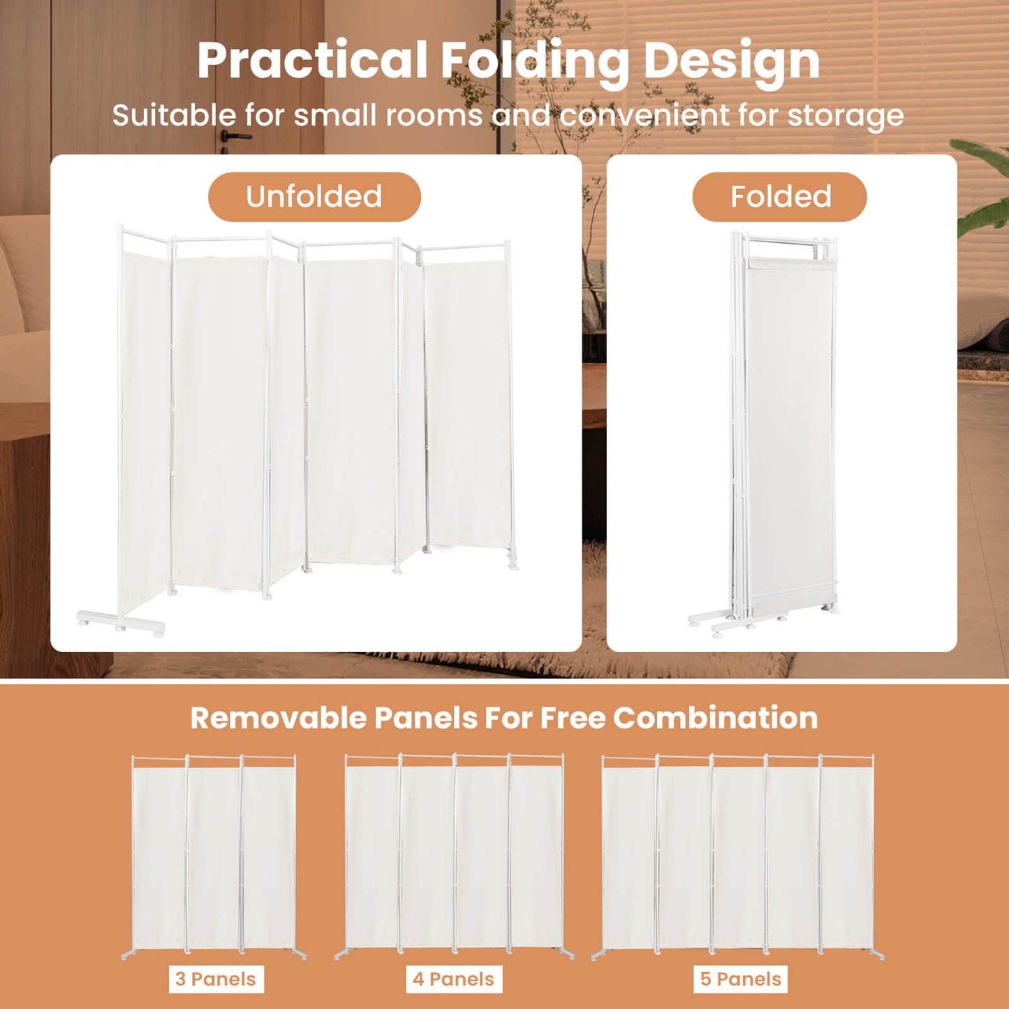 Elegant 6 Panel Folding Privacy Screen Room Divider - White