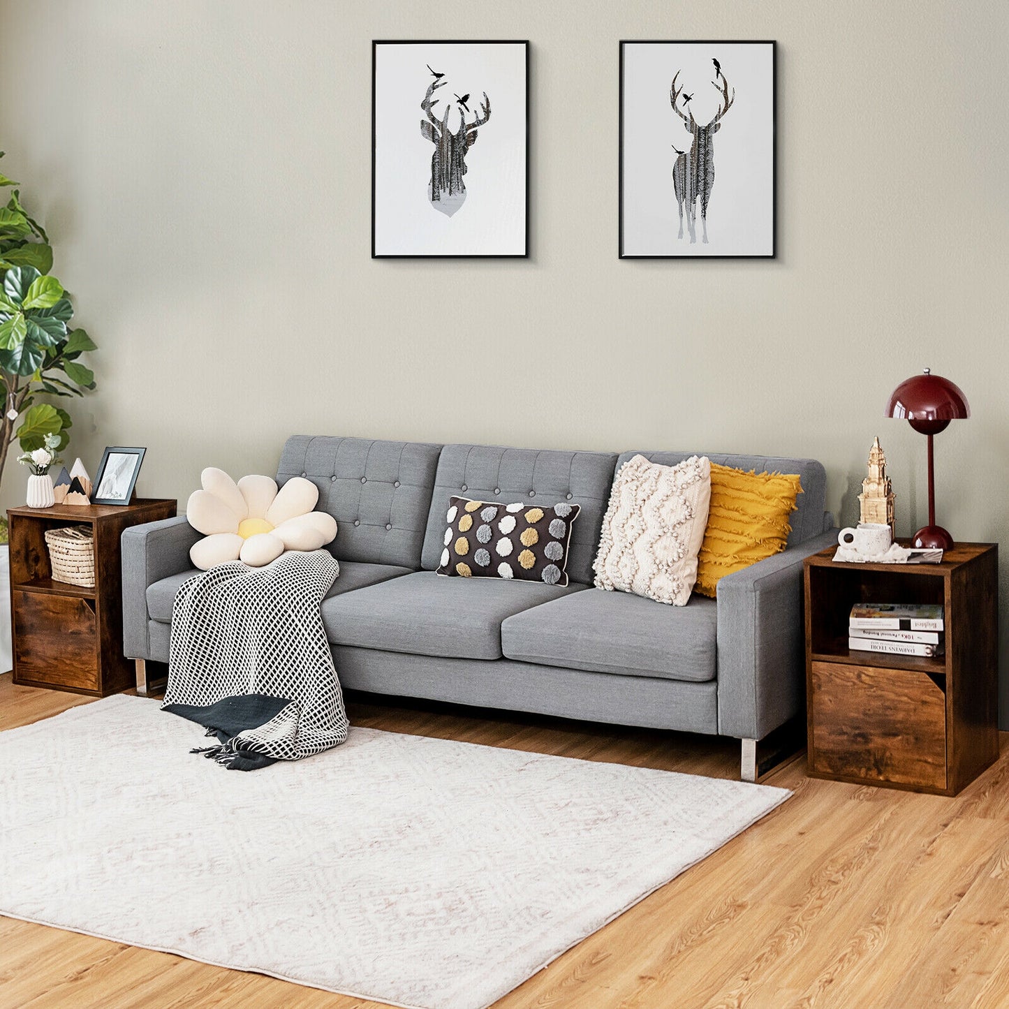 Set of 2 Nightstands with Storage, Modern End Tables for Bedroom or Living Room - Brown
