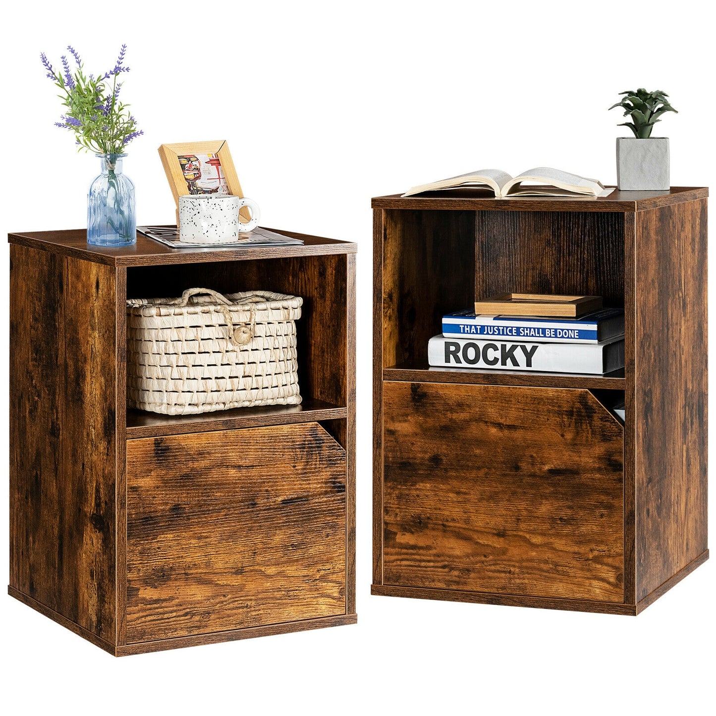 Set of 2 Nightstands with Storage, Modern End Tables for Bedroom or Living Room - Brown