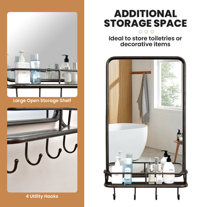 Wall-Mounted Mirror with Shelf & Hooks – Sturdy Metal Frame for Home Use