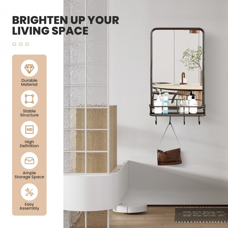 Wall-Mounted Mirror with Shelf & Hooks – Sturdy Metal Frame for Home Use