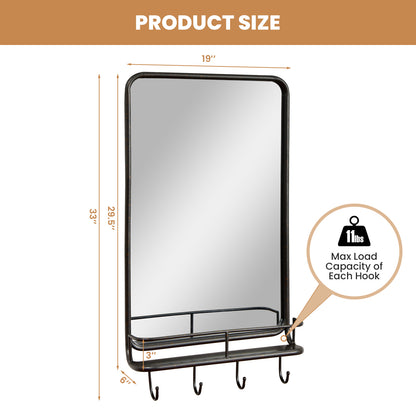 Wall-Mounted Mirror with Shelf & Hooks – Sturdy Metal Frame for Home Use