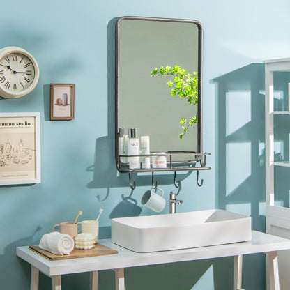 Wall-Mounted Mirror with Shelf & Hooks – Sturdy Metal Frame for Home Use