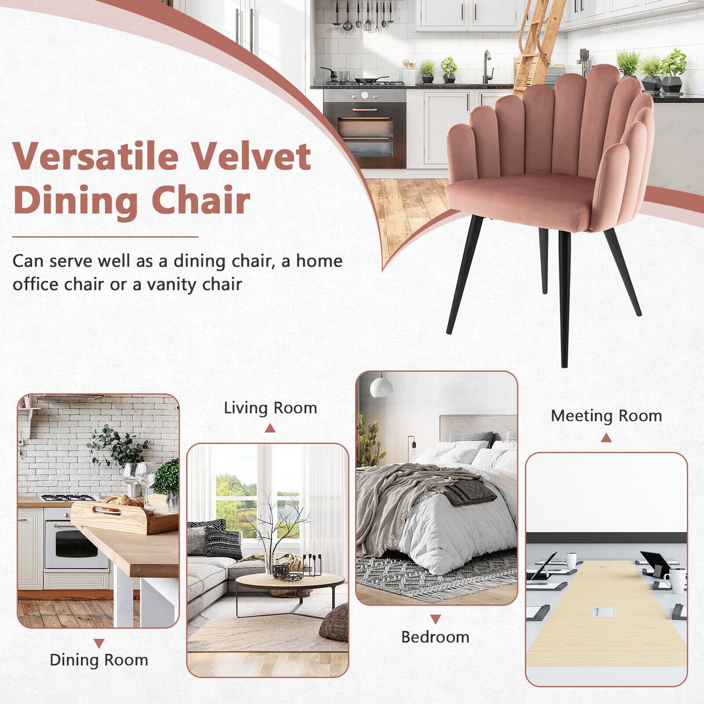 Elegant Velvet Dining Chair with Ergonomic Petal Backrest and Sturdy Metal Base - Pink