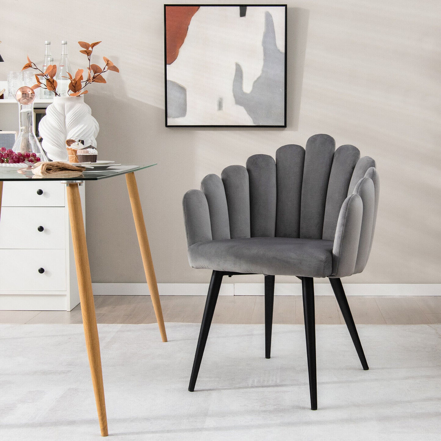 Elegant Velvet Dining Chair with Ergonomic Petal Backrest and Sturdy Metal Base - Grey