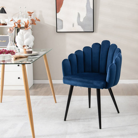 Elegant Velvet Dining Chair with Ergonomic Petal Backrest and Sturdy Metal Base - Blue