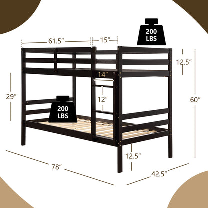 Solid Hardwood Twin Bunk Bed for Kids - Brown